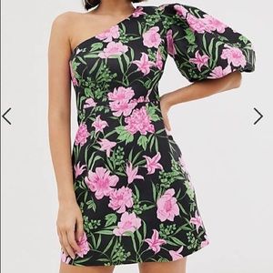 One Shoulder Puff Sleeve Floral Dress